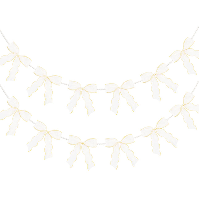 FLAIR GIFTS 2 Strings White Bow Garland Banner, Pre-Strung Fish-Tail Organza Ribbon with 6.5ft Pearl Chain for Bridal Shower, Wedding, Engagement, Birthday, Tea Party, Baby Shower, Anniversary Decor