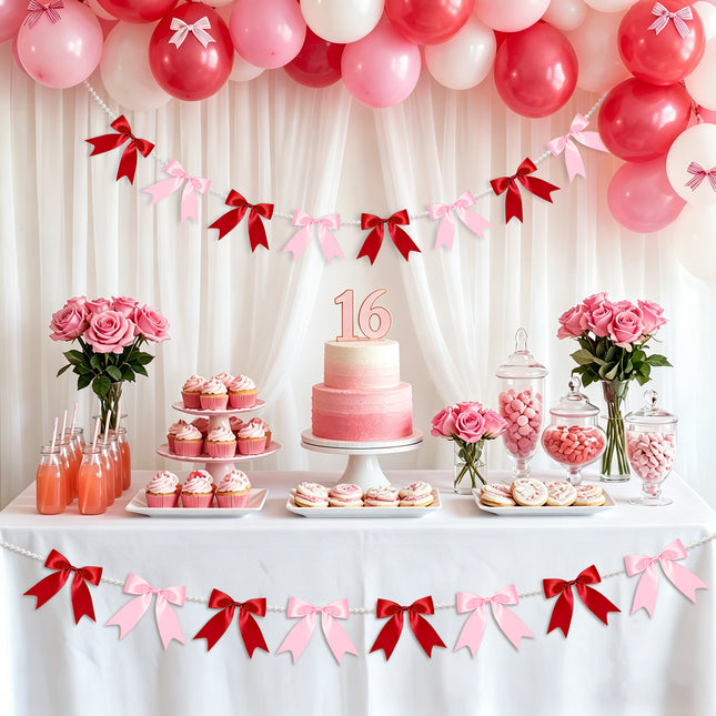 FLAIR GIFTS 2 Strings Red & Pink Bow Garland Banner, Pre-Strung Satin Ribbon with 6.5ft Pearl Chain for Bridal Shower, Bachelorette Party, Birthday, Baby Shower, Engagement, Anniversary Decor