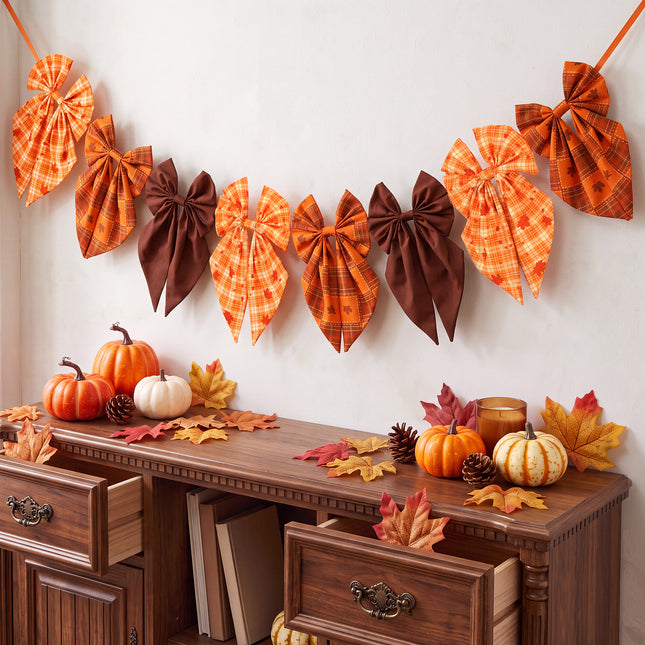 Fall Bow Garland Vintage Plaid Maple Leaf Harvest Decor 8 Ft Banner