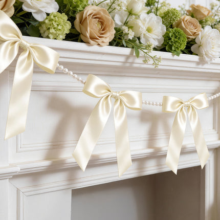2 Strings White Bow Garland Banner, Pre-Strung Satin Ribbon with 6.5ft Pearl Chain for Bridal Shower, Wedding, Engagement, Bachelorette Party, Baby Shower, Graduation & Anniversary Decor
