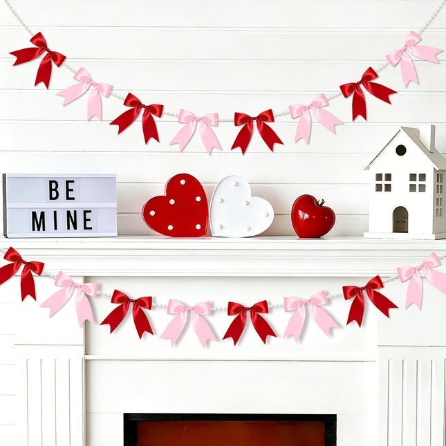 FLAIR GIFTS 2 Strings Red & Pink Bow Garland Banner, Pre-Strung Satin Ribbon with 6.5ft Pearl Chain for Bridal Shower, Bachelorette Party, Birthday, Baby Shower, Engagement, Anniversary Decor