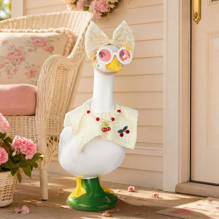 FLAIR GIFTS Porch Goose Statue 8pc Accessory Combination Set, White Lace Goose Accessories Kit with Glasses Bow Hat Necklace Stickers for 23 Inch Goose, Elegant Girl Style Yard Decor (White Lace 8PC)