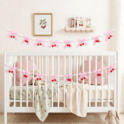 Flair Gifts 2-Pack 8ft Pink Cherry Bow Felt Garland, Coquette Aesthetic Nursery Decor, Handmade Wool Banner for Girls First Birthday, Baby Shower, Spring Party Decorations, Mantel Wall Hanging