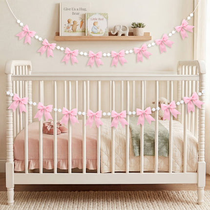 Flair Gifts 2-Pack 8ft Pink Bow Felt Garland, Coquette Room Decor, Pre-Strung Soft Banner for Baby Shower, Girls Birthday Party, Nursery Wall Decoration, Shabby Chic Wedding & Bridal Shower Bunting