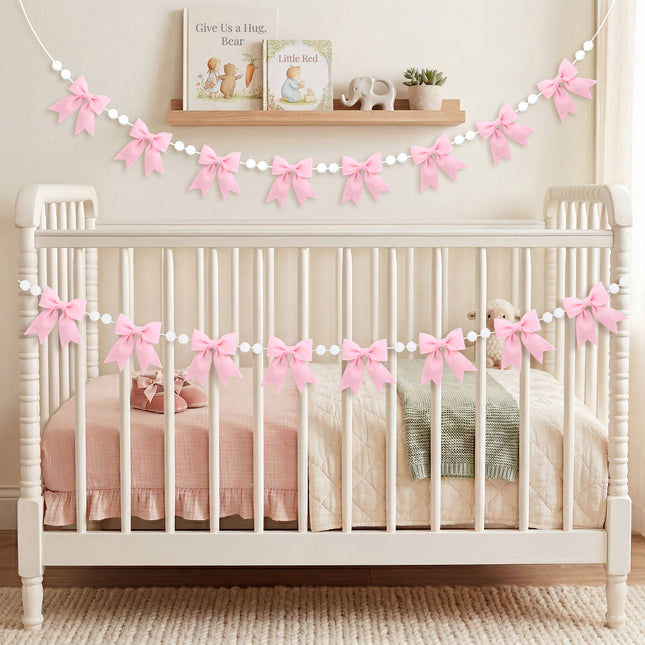 Flair Gifts 2-Pack 8ft Pink Bow Felt Garland, Coquette Room Decor, Pre-Strung Soft Banner for Baby Shower, Girls Birthday Party, Nursery Wall Decoration, Shabby Chic Wedding & Bridal Shower Bunting