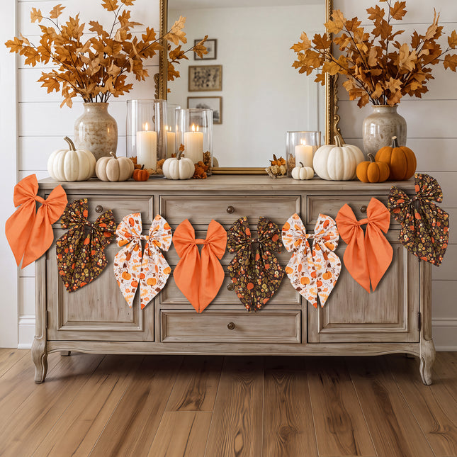 Fall Bow Garland Vintage Pumpkin Maple Leaf Harvest Decor 8 Ft Banner