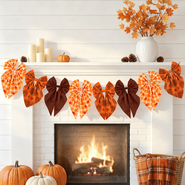 Fall Bow Garland Vintage Plaid Maple Leaf Harvest Decor 8 Ft Banner