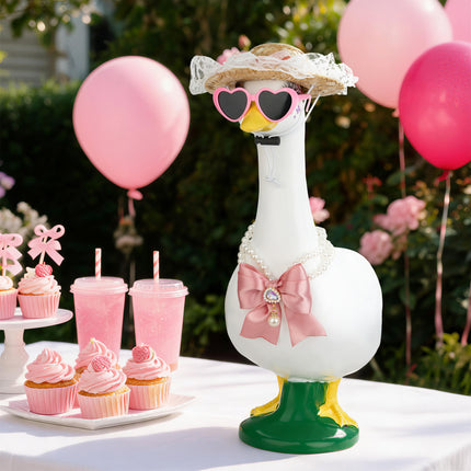 FLAIR GIFTS Porch Goose Statue 8pc Accessory Combination Set, Pink Goose Accessories Kit with Glasses Bow Hat Necklace Stickers for 23 Inch Goose, Cute Girl Style Yard Decor (Pink Girl 8PC)