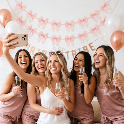 FLAIR GIFTS 1-String 6.5ft Pink Bows Garland Banner, 6 Pcs Pre-Strung Bow Party Decorations for Coquette Birthday, Bachelorette Party, Girly Pink Party Supplies, Baby Shower, Bridal Shower