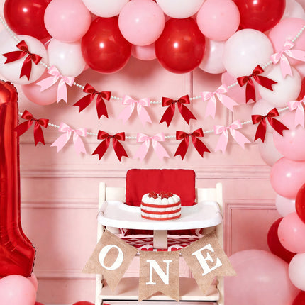FLAIR GIFTS 2 Strings Red & Pink Bow Garland Banner, Pre-Strung Satin Ribbon with 6.5ft Pearl Chain for Bridal Shower, Bachelorette Party, Birthday, Baby Shower, Engagement, Anniversary Decor