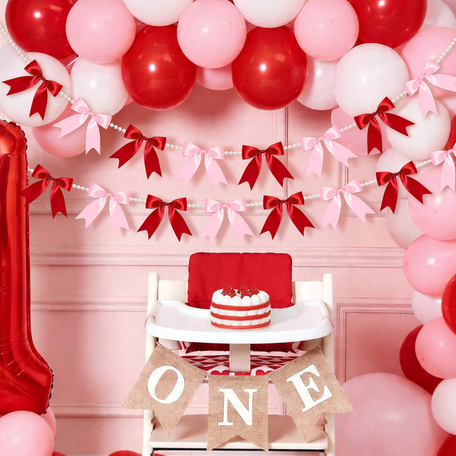 FLAIR GIFTS 2 Strings Red & Pink Bow Garland Banner, Pre-Strung Satin Ribbon with 6.5ft Pearl Chain for Bridal Shower, Bachelorette Party, Birthday, Baby Shower, Engagement, Anniversary Decor