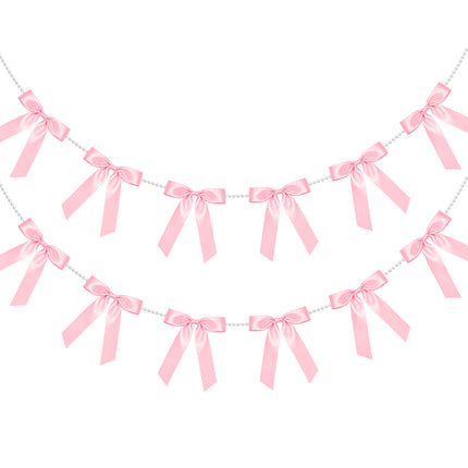 FLAIR GIFTS 2 Strings Coquette Pink Bow Garland Banner, 6.5ft Pearl Chain Pre-Strung Satin Ribbon for Soft Girl Aesthetic, Pink Birthday, Girl Baby Shower, Valentine’s Day & Preppy Room Decor