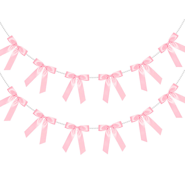 FLAIR GIFTS 2 Strings Coquette Pink Bow Garland Banner, 6.5ft Pearl Chain Pre-Strung Satin Ribbon for Soft Girl Aesthetic, Pink Birthday, Girl Baby Shower, Valentine’s Day & Preppy Room Decor