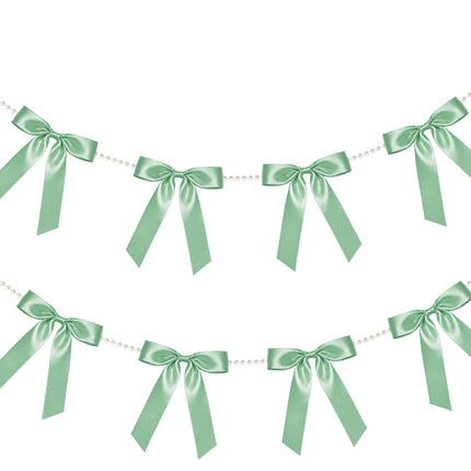 FLAIR GIFTS 2 Strings Sage Green Bow Garland Banner, 6.5ft Pearl Chain Pre-Strung Satin Ribbon for Woodland Baby Shower, Garden Wedding, Forest First Birthday, Neutral Nursery & Botanical Party Decor