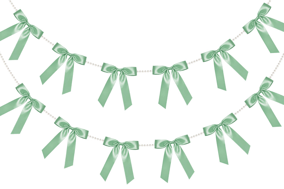 FLAIR GIFTS 2 Strings Sage Green Bow Garland Banner, 6.5ft Pearl Chain Pre-Strung Satin Ribbon for Woodland Baby Shower, Garden Wedding, Forest First Birthday, Neutral Nursery & Botanical Party Decor