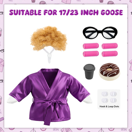 FLAIR GIFTS Porch Goose Robe Outfit Set for 23 Inch Goose Statue, Purple Silk Bathrobe with Wig Curlers Coffee Cup Donut Glasses, Elegant Funny Goose Clothes Decor (Purple Silk)