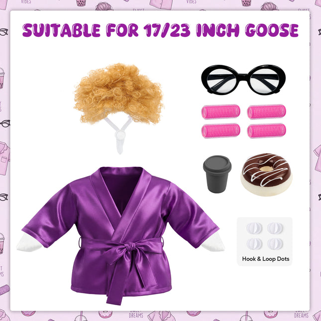 FLAIR GIFTS Porch Goose Robe Outfit Set for 23 Inch Goose Statue, Purple Silk Bathrobe with Wig Curlers Coffee Cup Donut Glasses, Elegant Funny Goose Clothes Decor (Purple Silk)