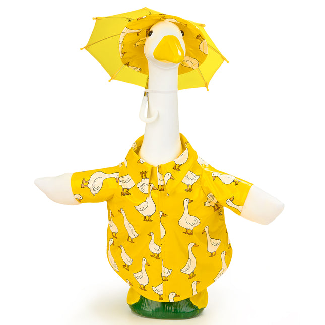 FLAIR GIFTS Raincoat Goose Outfits Porch Goose Spring Outfit Goose Printed Raincoat Clothes with Umbrella Hat Fits 23" Geese Statue for Spring Summer Garden Lawn Patio Yard Outdoor Decor (Yellow)