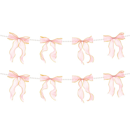 FLAIR GIFTS 2 Strings Pink Bow Garland Banner, Pre-Strung Fish-Tail Organza Ribbon with 6.5ft Pearl Chain for Coquette Birthday, Bachelorette Party, Baby Shower, Engagement, Anniversary Decor