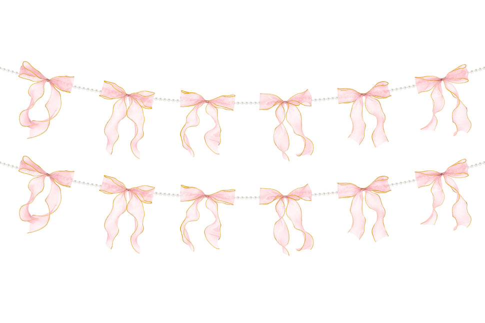 FLAIR GIFTS 2 Strings Pink Bow Garland Banner, Pre-Strung Fish-Tail Organza Ribbon with 6.5ft Pearl Chain for Coquette Birthday, Bachelorette Party, Baby Shower, Engagement, Anniversary Decor