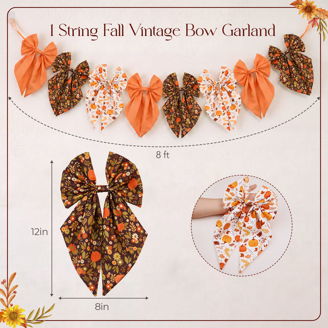 Fall Bow Garland Vintage Pumpkin Maple Leaf Harvest Decor 8 Ft Banner