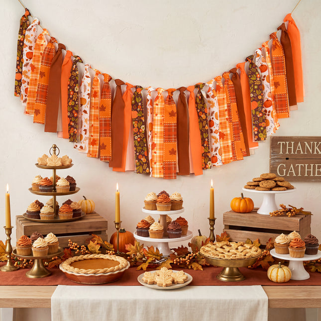 Fall Tassel Garland Vintage Plaid Pumpkin Harvest Decor 6.5 Ft Banner