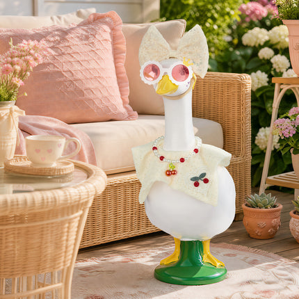 FLAIR GIFTS Porch Goose Statue 8pc Accessory Combination Set, White Lace Goose Accessories Kit with Glasses Bow Hat Necklace Stickers for 23 Inch Goose, Elegant Girl Style Yard Decor (White Lace 8PC)