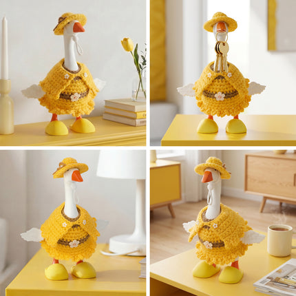 7 Inch Desk Goose Outfits 4 PCs, Handmade Crochet Hat Cape Dress & Yellow Plastic Slippers for Desktop Goose Statue Clothes Accessories Decor Gift