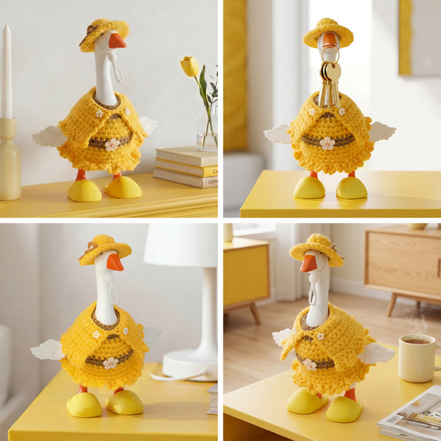 7 Inch Desk Goose Outfits 4 PCs, Handmade Crochet Hat Cape Dress & Yellow Plastic Slippers for Desktop Goose Statue Clothes Accessories Decor Gift