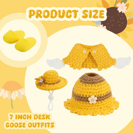 7 Inch Desk Goose Outfits 4 PCs, Handmade Crochet Hat Cape Dress & Yellow Plastic Slippers for Desktop Goose Statue Clothes Accessories Decor Gift