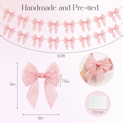 FLAIR GIFTS 1-String 6.5ft Pink Bows Garland Banner, 6 Pcs Pre-Strung Bow Party Decorations for Coquette Birthday, Bachelorette Party, Girly Pink Party Supplies, Baby Shower, Bridal Shower