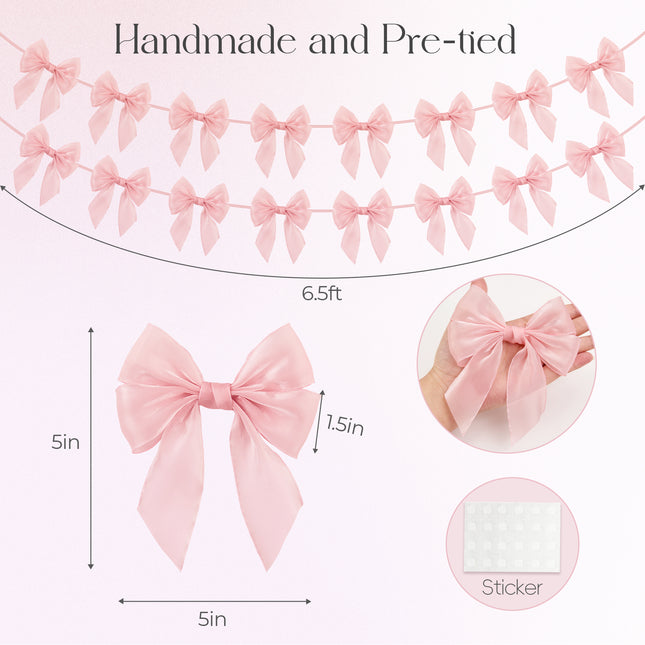 FLAIR GIFTS 1-String 6.5ft Pink Bows Garland Banner, 6 Pcs Pre-Strung Bow Party Decorations for Coquette Birthday, Bachelorette Party, Girly Pink Party Supplies, Baby Shower, Bridal Shower