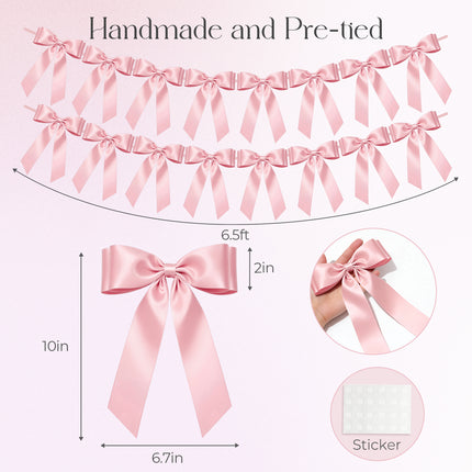 FLAIR GIFTS 2 Strings Pink Bow Garland Banner, Pre-Strung Satin Ribbon with 6.5ft Pearl Chain for Coquette Birthday, Bridal Shower, Party, Baby Shower, Engagement, Graduation & Anniversary Decor
