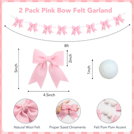 Flair Gifts 2-Pack 8ft Pink Bow Felt Garland, Coquette Room Decor, Pre-Strung Soft Banner for Baby Shower, Girls Birthday Party, Nursery Wall Decoration, Shabby Chic Wedding & Bridal Shower Bunting