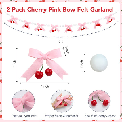 Flair Gifts 2-Pack 8ft Pink Cherry Bow Felt Garland, Coquette Aesthetic Nursery Decor, Handmade Wool Banner for Girls First Birthday, Baby Shower, Spring Party Decorations, Mantel Wall Hanging
