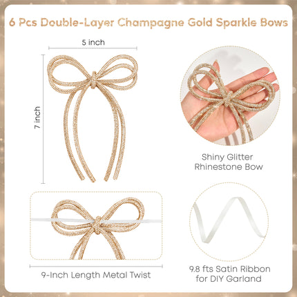 FLAIR GIFTS 6 Pcs 5" x 7" 2026 Christmas Bow Ornaments, Champagne Gold Double-Layer Sparkly Glitter Rhinestone Bows with Twist Tie for Xmas Tree Decoration, Wreath, Garland, Gift Wrapping
