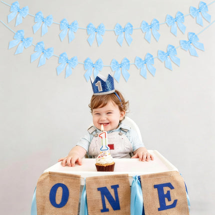 FLAIR GIFTS 2-String 6.5ft Blue Bows Garland Banner, 16 Pcs Pre-Strung Bows Party Decorations for Baby Shower, Birthday, Bridal Shower, Bachelorette Party, Tea Party Supplies
