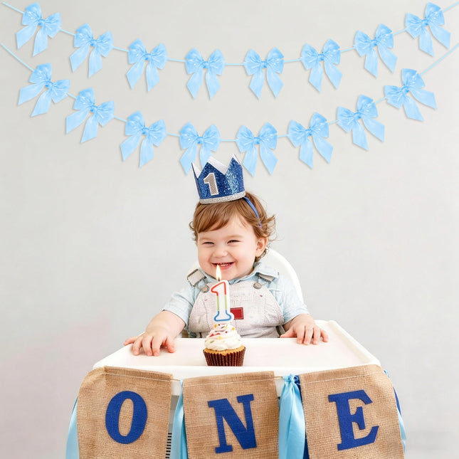 FLAIR GIFTS 2-String 6.5ft Blue Bows Garland Banner, 16 Pcs Pre-Strung Bows Party Decorations for Baby Shower, Birthday, Bridal Shower, Bachelorette Party, Tea Party Supplies