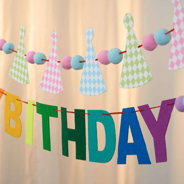 FLAIR GIFTS 2-Pack Happy Birthday Felt Garland with Pom Poms & Birthday Hats, 8ft Pre-Strung Reusable Colorful Felt Banner, Cute Pastel Bunting for Kids Party Decorations Backdrop