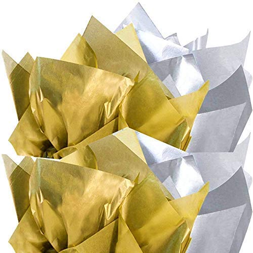 UNIQOOO 60 Sheets Metallic Gold Silver Gift Tissue Paper Set, 20X26 in, Recyclable Durable for Gift Bag Box Gift Wrapping DIY Craft, Wedding Birthday Party Favor Decor, Shredded Filler