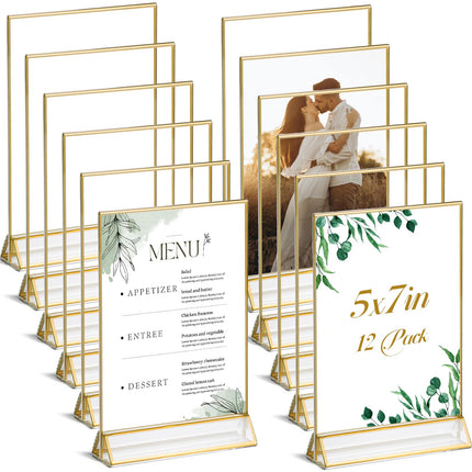 UNIQOOO Acrylic Sign Holders with Golden Border, Portrait View, Pack of 12 | 5x7 Double Sided Clear Frame, Perfect for Wedding reception, Centerpiece, Decoration, Party,Anniversary, Event