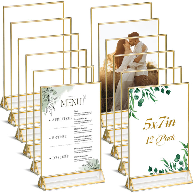 UNIQOOO Acrylic Sign Holders with Golden Border, Portrait View, Pack of 12 | 5x7 Double Sided Clear Frame, Perfect for Wedding reception, Centerpiece, Decoration, Party,Anniversary, Event