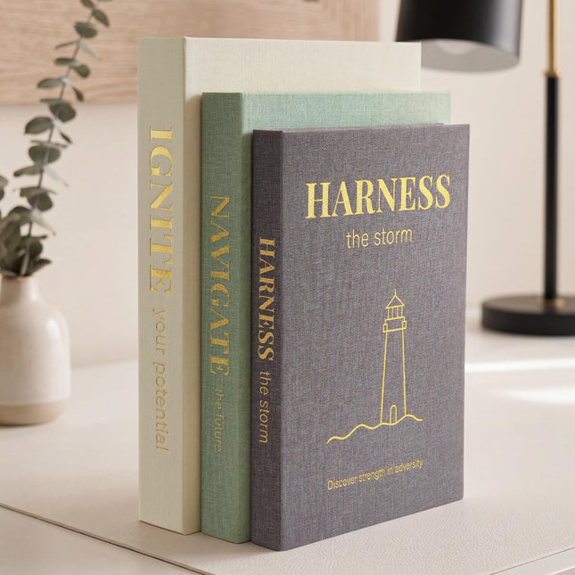 Decorative Books for Home Decor, Set of 3 Faux Books with Hidden Storage, Linen Fake Book Box for Coffee Table Bookshelf Decor (Minimalist begie-green-grey)