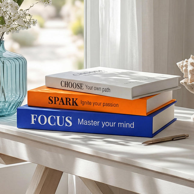 Decorative Books for Home Decor, Set of 3 Faux Books with Hidden Storage, Matte Silk Fake Book Box for Coffee Table Bookshelf Decor (Preppy blue-orange-white)