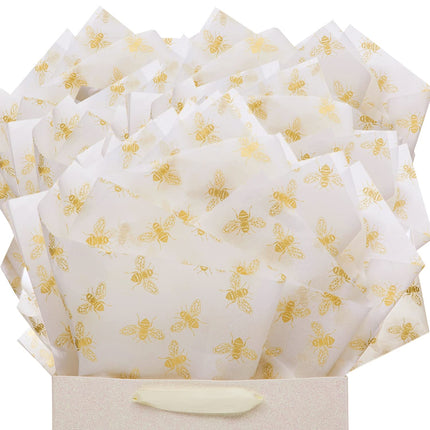 UNIQOOO 40 Sheets Large 26X20 Inch Metallic Gold Foil Honey Bee Gift Wrapping Tissue Paper Bulk, for Wedding Birthday Baby Shower Party Favor, Gift Bag Box Packaging, DIY