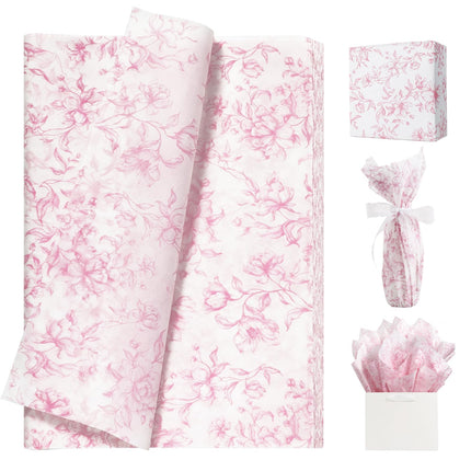 UNIQOOO 120 Sheets Pink Floral Tissue Paper, Rose Pink Bloom Gift Wrapping Paper for Wedding, DIY Craft Tissue for Birthday Party Decoration Packaging, 20 x 14 Inch