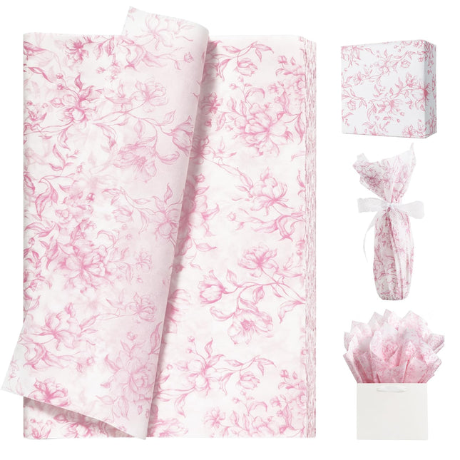 UNIQOOO 120 Sheets Pink Floral Tissue Paper, Rose Pink Bloom Gift Wrapping Paper for Wedding, DIY Craft Tissue for Birthday Party Decoration Packaging, 20 x 14 Inch
