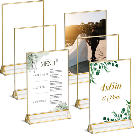 UNIQOOO Acrylic Sign Holders with Golden Border, Portrait View, Pack of 6 | 4x6 Inches Double Sided Clear Frame, Perfect for Wedding reception, Centerpiece, Decoration, Party,Anniversary, Event