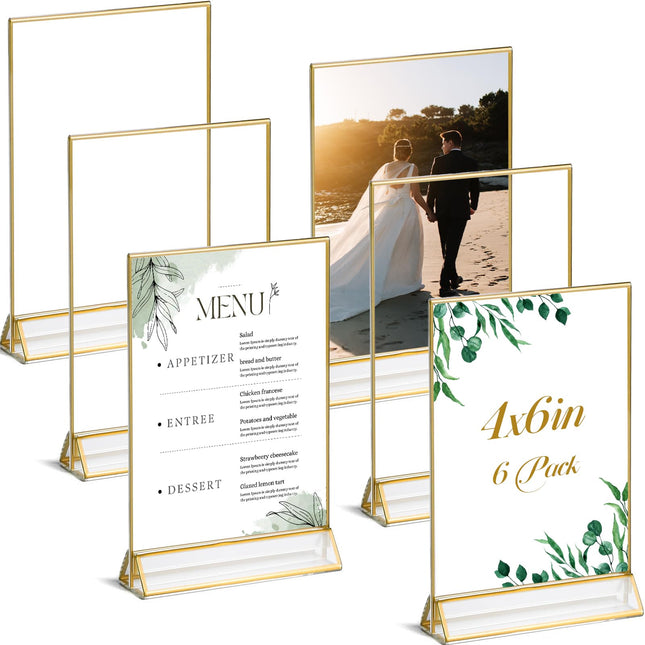 UNIQOOO Acrylic Sign Holders with Golden Border, Portrait View, Pack of 6 | 4x6 Inches Double Sided Clear Frame, Perfect for Wedding reception, Centerpiece, Decoration, Party,Anniversary, Event