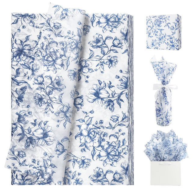 UNIQOOO 120 Sheets Blue Floral Tolie Tissue Paper Vintage Blue Bloom Gift Wrapping Paper for Wedding, DIY Craft Tissue for Birthday Party Decoration Packaging, 20 x 14 Inch